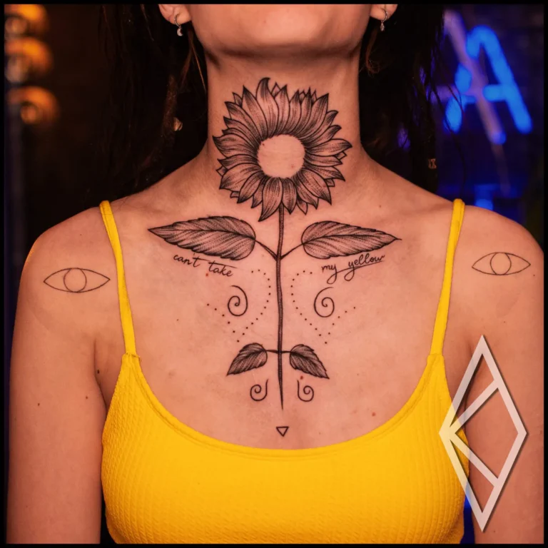 Neck tattoo, sunflower with leaves and intricate details in dotowrk, pepper shading