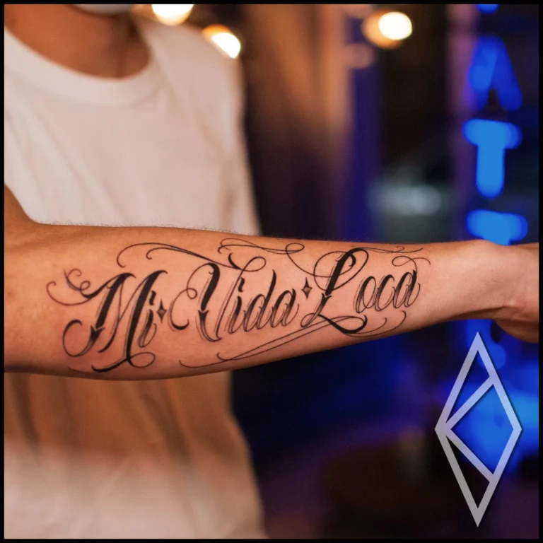 Mi vida loca tattoo lettering on forearm