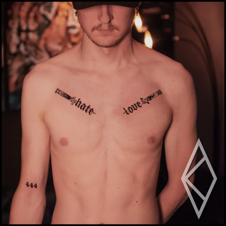 Two symetrical tattoos on chest, two knives with words hate and love on their blade