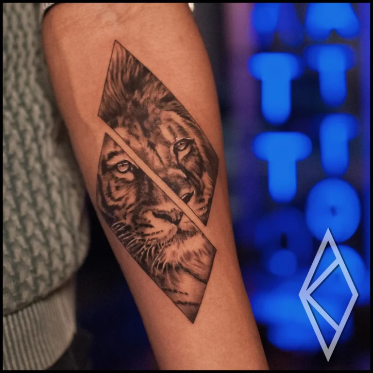 Realistic lion tattoo done in romboid shape